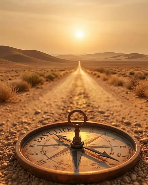 Een oud kompas met de woorden past life op een zandweg die naar de ondergaande zon loopt