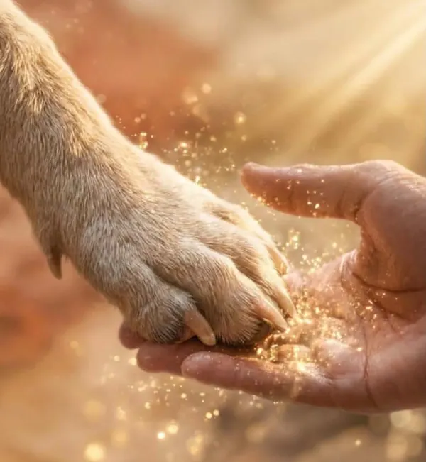 Een hondenpoot rust in een open hand, omringd door warm gouden licht
