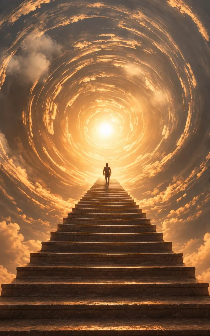Een trap die oploopt naar een gouden licht in de wolken, als beeld bij regressie- en reïncarnatietherapie